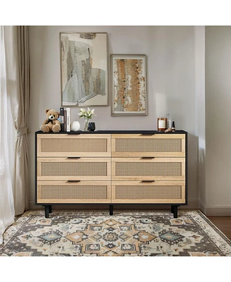 51.18" 6-Drawers Rattan Storage Cabinet Rattan Drawer, for Bedroom, Living Room