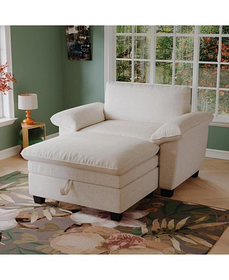 51" Beige Chenille Chaise Lounge with Ottoman & Storage