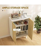 Sideboard Buffet Cabinet, Kitchen Cabinet, Coffee Bar Cabinet with 2 Rattan Doors and Adjustable Shelves, White and Natural