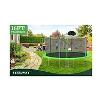 16FT Trampoline with Safety Enclosure Net, Basketball Hoop and Ladder, Large-Scale Trampoline for Kids/Adluts Family Jumping Outdoor Workout