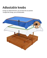 Wood Sandbox with Cover, Sand Box with 2 Bench Seats