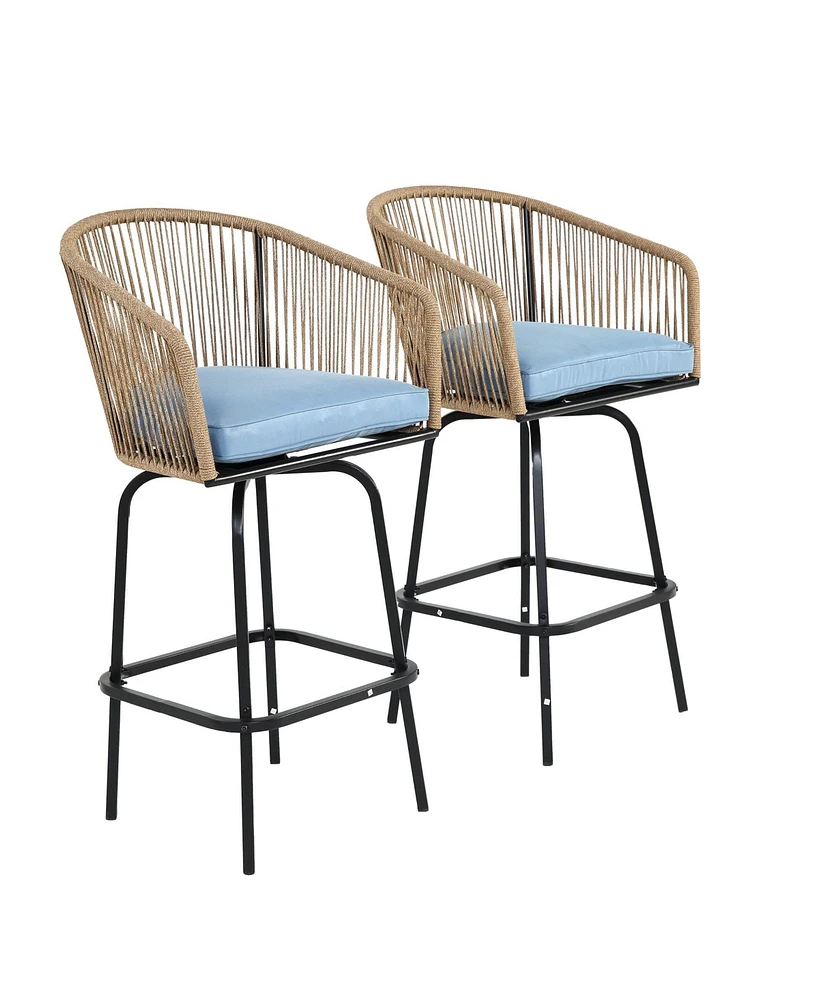 Mondawe Outdoor Bar Stools Set of 2, 2-Piece Patio with Armrests, All Weather Rattan Chairs Backrest, Wicker for Backya
