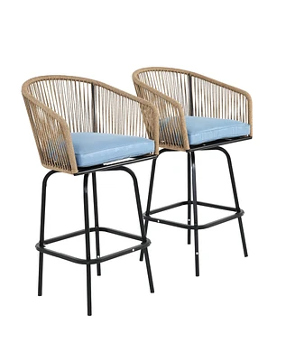 Mondawe Outdoor Bar Stools Set of 2, 2-Piece Patio with Armrests, All Weather Rattan Chairs Backrest, Wicker for Backya