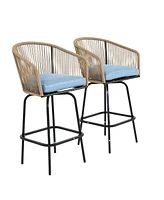 Mondawe Outdoor Bar Stools Set of 2, 2-Piece Patio with Armrests, All Weather Rattan Chairs Backrest, Wicker for Backya