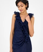 Alex Evenings Petite Ruffled V-Neck Sleeveless Mesh Gown