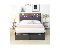 Full Bed Frame, Storage Headboard with Charging Station, Solid and Stable, Noise Free, No Box Spring Needed, Easy Assembly