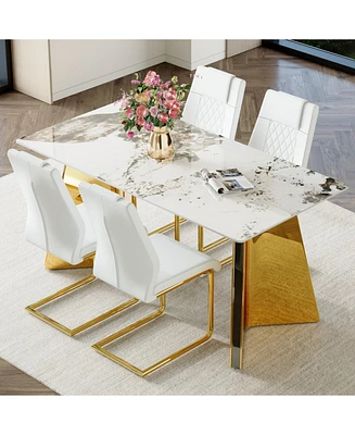 Pandora Stone Table & 4 White Pu Chairs - Butterfly Legs