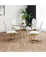Glass Table & 4 White Pu Chairs - Gold Legs