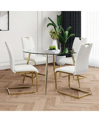 Glass Table & 4 White Pu Chairs - Gold Legs