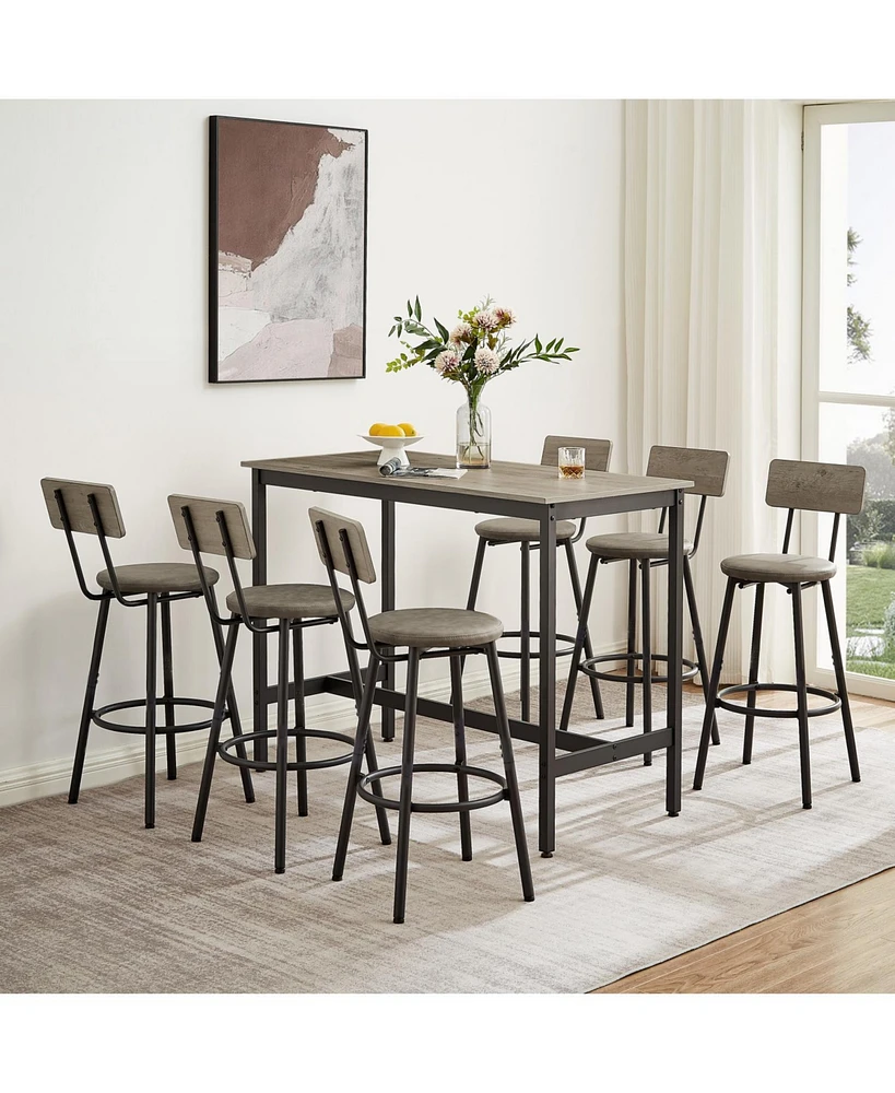 Pub High Dining Table 7 Piece Set, Industrial Style Pub Table, 6 Pu Leather Bar Chairs for Kitchen Breakfast Table, Living Room, Bar, Rustic Grey, 47.