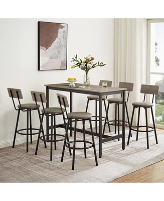 Pub High Dining Table 7 Piece Set, Industrial Style Pub Table, 6 Pu Leather Bar Chairs for Kitchen Breakfast Table, Living Room, Bar, Rustic Grey, 47.