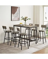Pub High Dining Table 7 Piece Set, Industrial Style Pub Table, 6 Pu Leather Bar Chairs for Kitchen Breakfast Table, Living Room, Bar, Rustic Grey, 47.