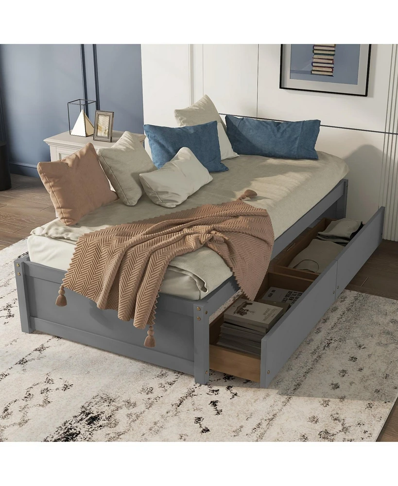 Twin Bed with 2 Drawers, Solid Wood, No Box Spring Needed, Grey