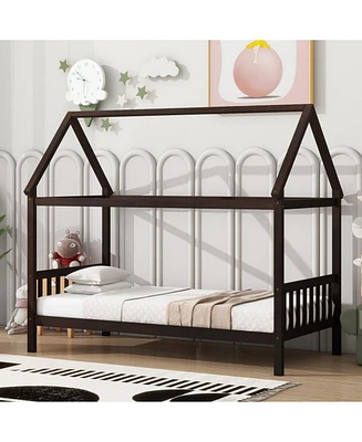 Twin House Bed with Headboard and Footboard, Twin Rubber Wood Bed with House Frame,Esspresso