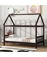 Twin House Bed with Headboard and Footboard, Twin Rubber Wood Bed with House Frame,Esspresso