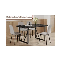 Modern Marble Mdf Dining Set 55"x31.4" with 4 Light Gray Linen Chairs