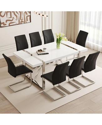 Modern Dining Table Set: 71" Mdf Table with 8 Pu Chairs