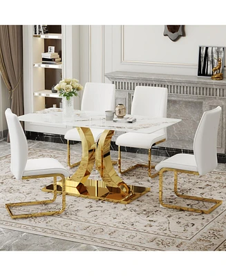Luxury Sintered Stone Dining Set: 63" Tabletop, Gold Legs, 4 Pu Cushioned Chairs