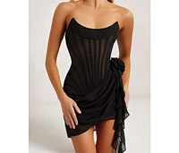Heiress Beverly Hills Women's Chiffon Mesh Corset Flower Drape Mini Dress