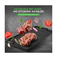 NutriChef Kitchen Flat Grill Plate Pan - Reversible Cast Iron Griddle / Grilling Pan with Heat-Resistant Oven Grab Mitt