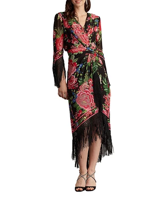 Tadashi Shoji Women's Mair Floral Print Tassel Fringe Wrap Dress