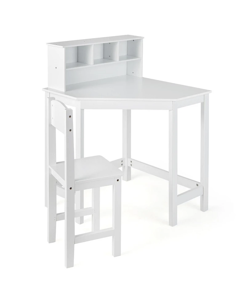 Kids Wooden Corner Desk and Chair Set with Hutch and Storage