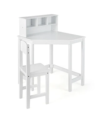 Kids Wooden Corner Desk and Chair Set with Hutch and Storage