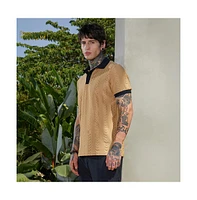 Campus Sutra Men's Buff Beige & Obsidian Black Arc-Tactile Polo T-Shirt