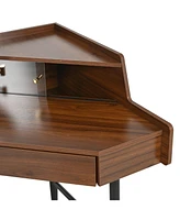Walnut Corner Vanity Desk with Mirror & Led Lights