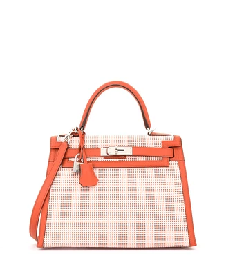 Pre-Owned Hermes Kelly 28 Handbag Quadrille Canvas and Orange Swift with Palladium Hardware