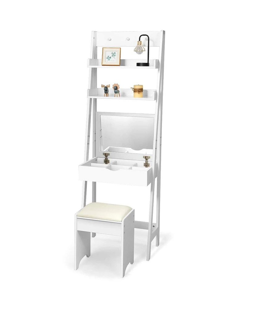 Vanity Desk Set with Flip Top Mirror, Hidden Storage Compartments and Cushioned Stool