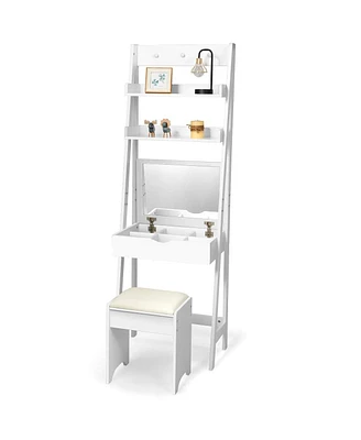 Vanity Desk Set with Flip Top Mirror, Hidden Storage Compartments and Cushioned Stool