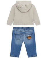 Guess Baby Boys Hooded Long Sleeve Zip Up Sweater Stretch Denim Pull On Jeans