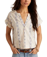 Lucky Brand Women's Embroidered Cotton Cuffed-Sleeve Top