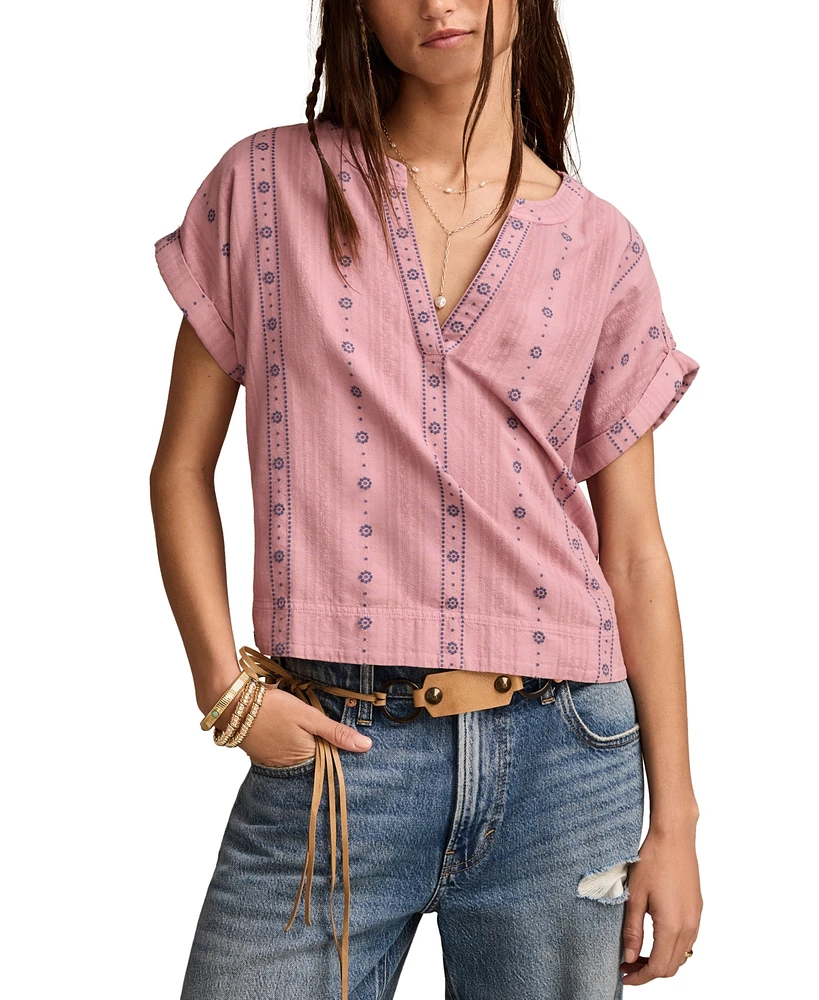 Lucky Brand Women's Embroidered Cotton Cuffed-Sleeve Top
