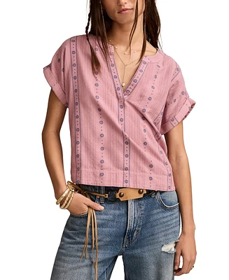 Lucky Brand Women's Embroidered Cotton Cuffed-Sleeve Top