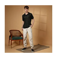 Campus Sutra Men's Raven Black Textured-Knit Polo T-Shirt