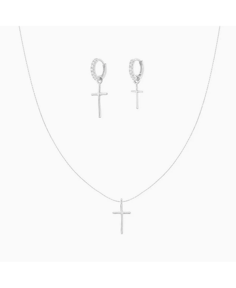Sterling Silver 18k Gold Plated Ariel Cross Necklace & Mismatching Cross Earrings Set