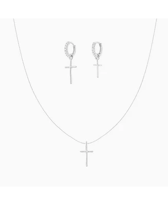 Sterling Silver 18k Gold Plated Ariel Cross Necklace & Mismatching Cross Earrings Set