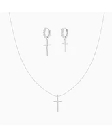 Sterling Silver 18k Gold Plated Ariel Cross Necklace & Mismatching Cross Earrings Set