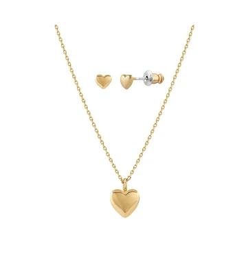 Puffed Heart Necklace & Stud Earrings Set