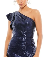 Women's Sequined Flutter One Shoulder Fitted Midi Dress