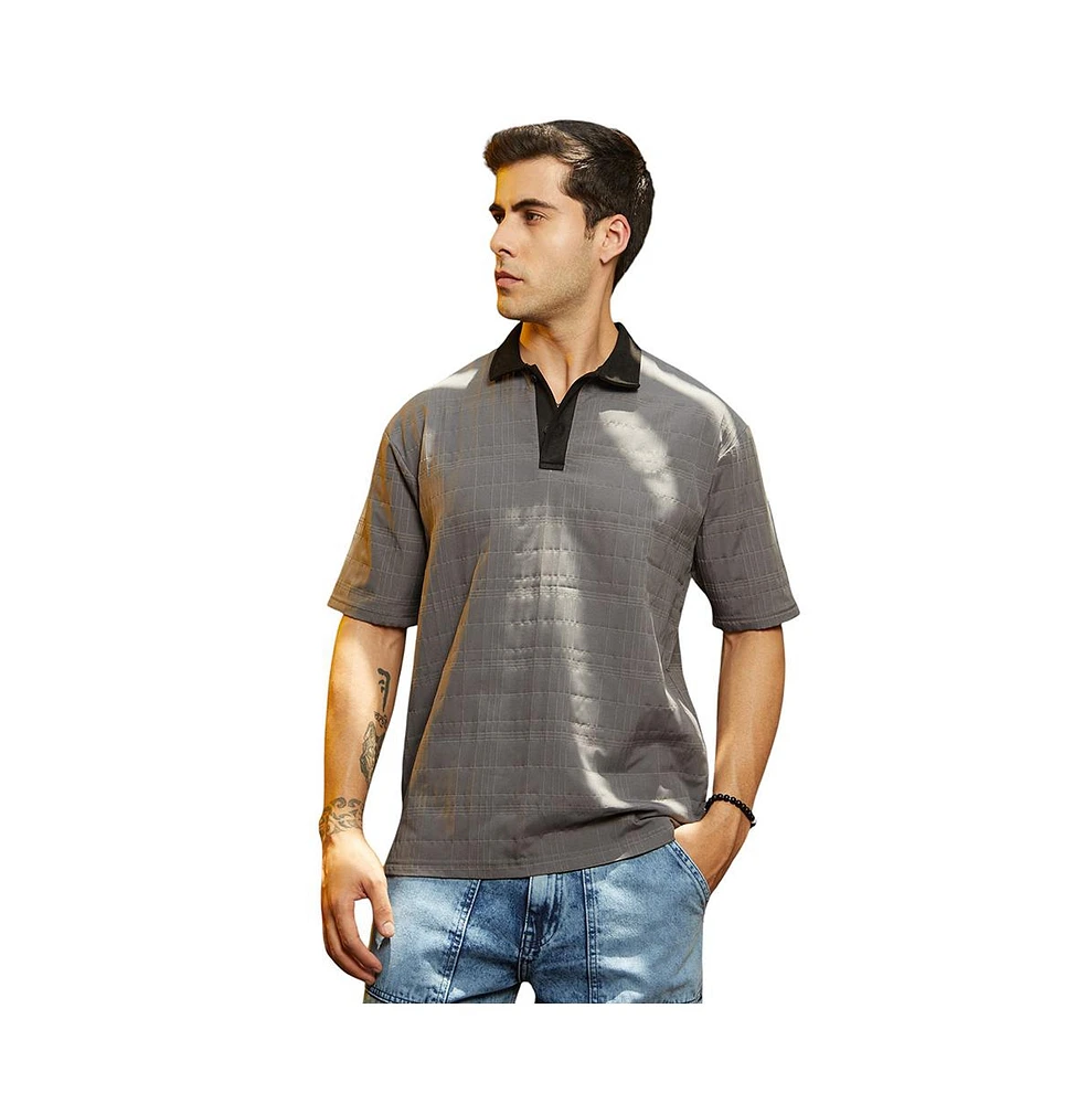Campus Sutra Men's Moon Grey & Onyx Black Contrast Grid Polo T-Shirt