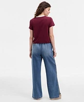 Madden Girl Juniors Graphic Print Crewneck T Shirt Pull On Side Snap Wide Leg Jeans
