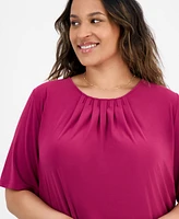 Kasper Plus Elbow-Sleeve Pleated-Neck Top