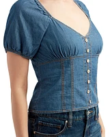 Bcx Juniors' Denim Puff-Sleeve Sweetheart-Neck Top