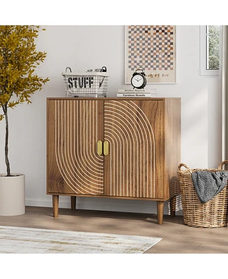 Walnut Wood Buffet Cabinet with Line Groove Design