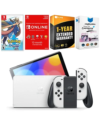 Nintendo Switch White Oled Console with Pokemon Sword, Nso 12 Month Family Membership, MightySkins Console and Controller Skin Voucher