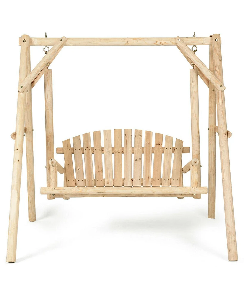 Gymax Wooden Porch Swing Outdoor Patio Rustic Torched Log Curved Back Bench A-Frame