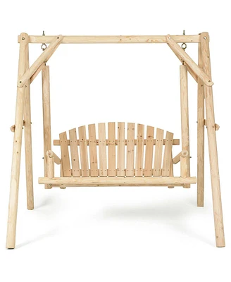 Gymax Wooden Porch Swing Outdoor Patio Rustic Torched Log Curved Back Bench A-Frame